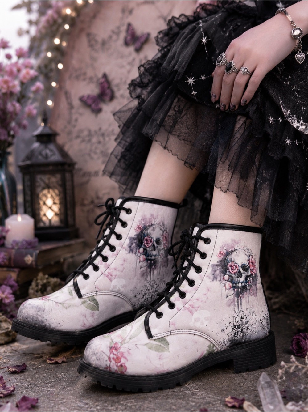 NWOT Gothic Floral Skull Lace-Up Ankle Boots - White/Pink